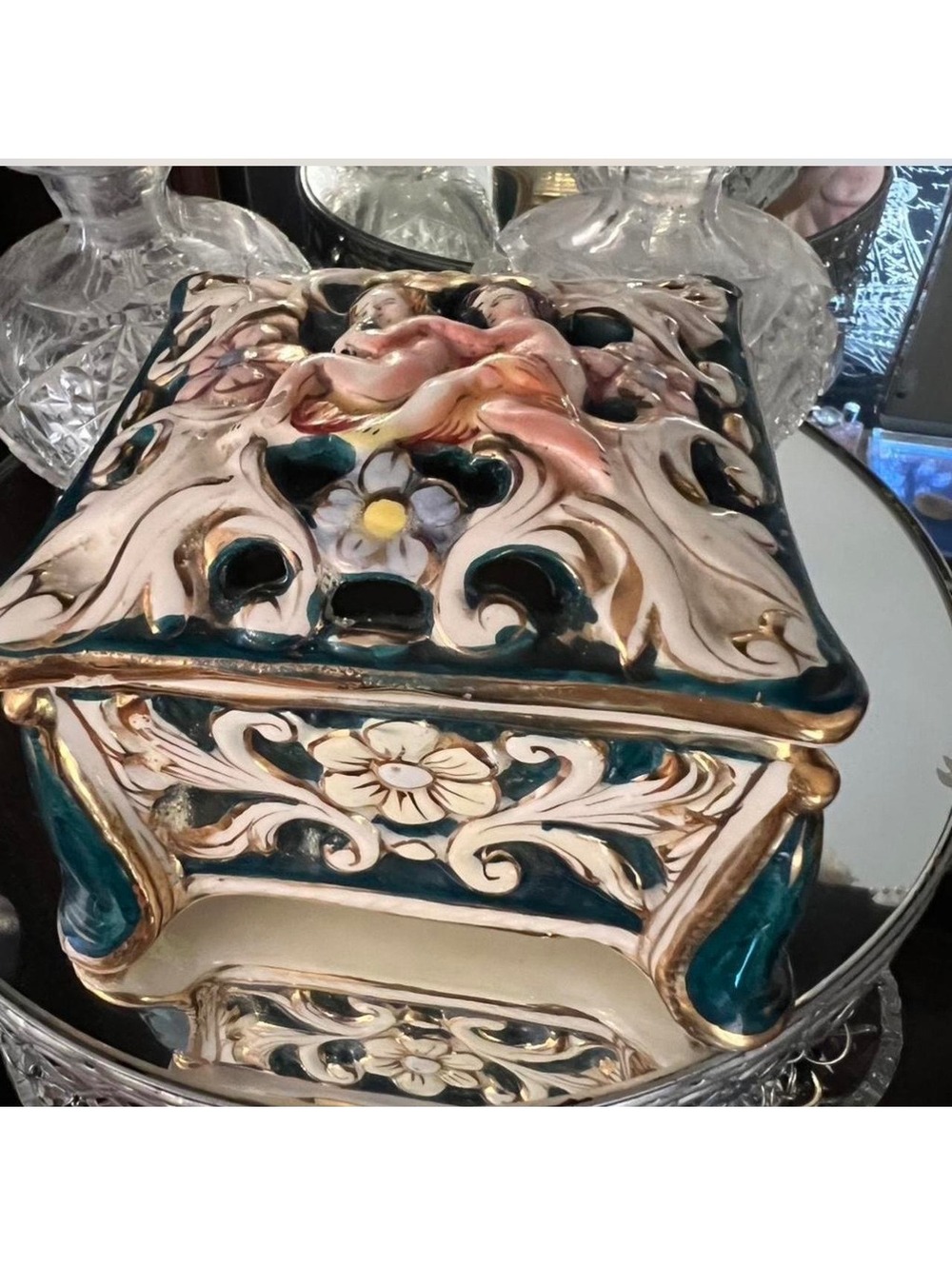 DG Hand Painted Italian Ceramic Square Box Cherub Floral Top has holes